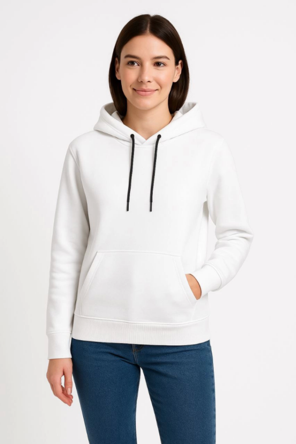 Üç İplik Kapüşonlu Kanguru Çepli SweatShirt Hoodie - Beyaz