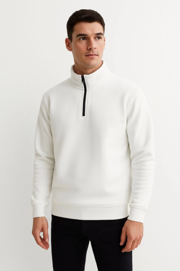 Erkek Dik Yaka Sweatshirt Dik Yaka Yarım Fermuarlı 3 İplik Şardonlu Pamuk Kumaş - Beyaz