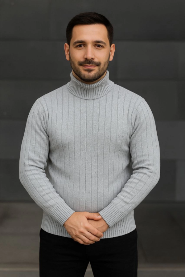 Erkek Balıkcı Yaka Bağazlı Triko Kazak Pamuklu Kalın Fitilli Dokuma, Regular Fit Uzun Kollu Kışlık Model - Gri