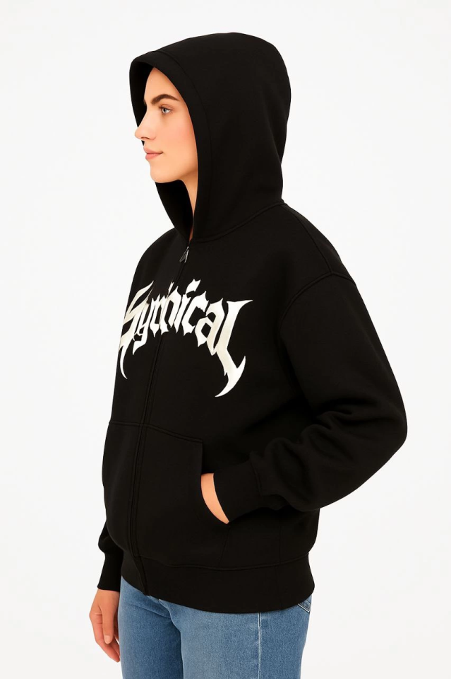 Oversize Kapüşonlu Sweatshirt Hoodie 3 İplik Şardonlu Pamuklu Kumaş, Önü Baskılı, Fermuarlı Rahat Kalıp, Kışlık Ve Sokak Stili Sweat - Siyah - Görsel 2