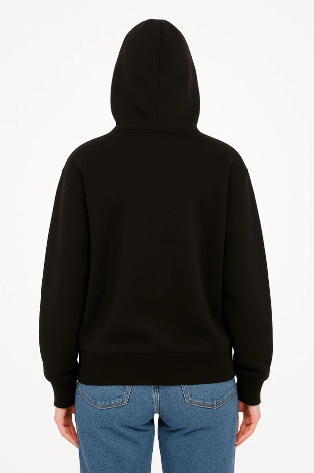 Oversize Kapüşonlu Sweatshirt Hoodie 3 İplik Şardonlu Pamuklu Kumaş, Önü Baskılı, Fermuarlı Rahat Kalıp, Kışlık Ve Sokak Stili Sweat - Siyah - Görsel 3