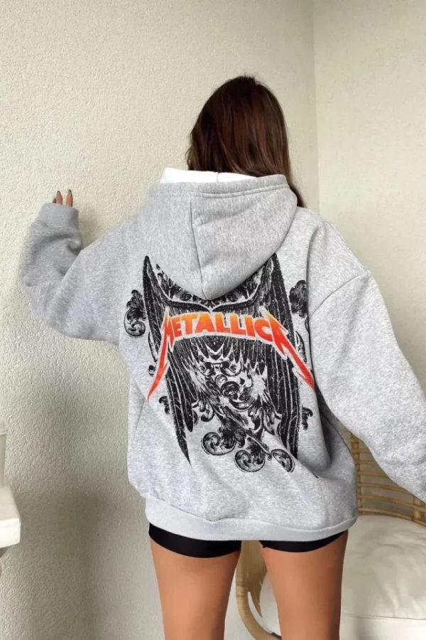 Baskılı Kapüşonlu Sweat - Gri