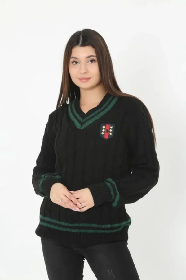 V Yaka Örgülü Kazak - Siyah