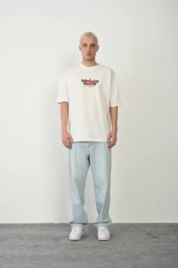 Unisex Bisiklet Yaka Baskılı Oversize T-Shirt - Beyaz