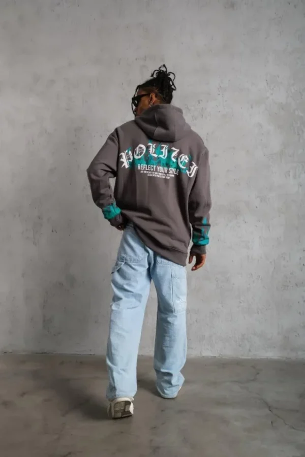 Erkek Üç İplik İçi Pamuklu Alev Baskılı Kapüşonlu Sweatshirt - Gri