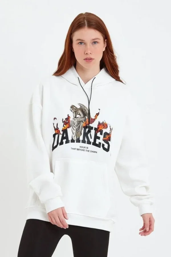 DANKES Baskılı Kapüşonlu Sweat - Beyaz