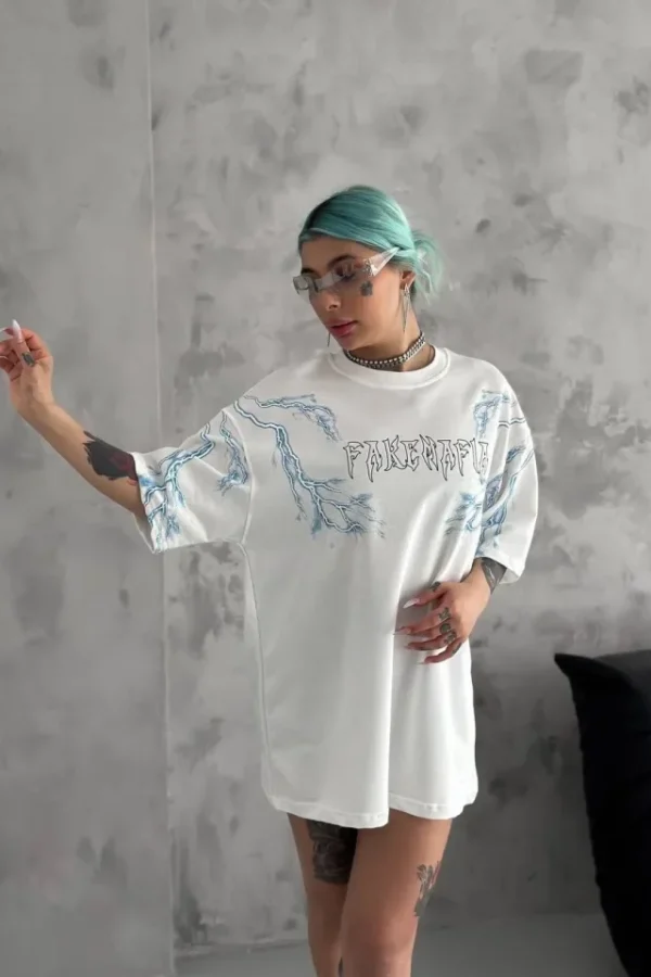 Unisex Bisiklet Yaka Baskılı Oversize T-Shirt - Beyaz