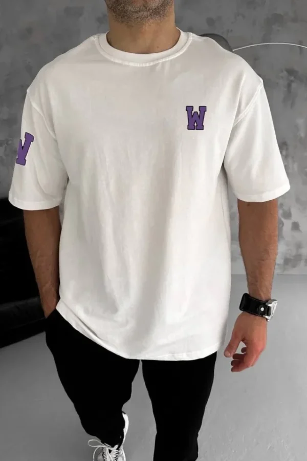 Unisex Bisiklet Yaka Baskılı Oversize T-Shirt - Beyaz