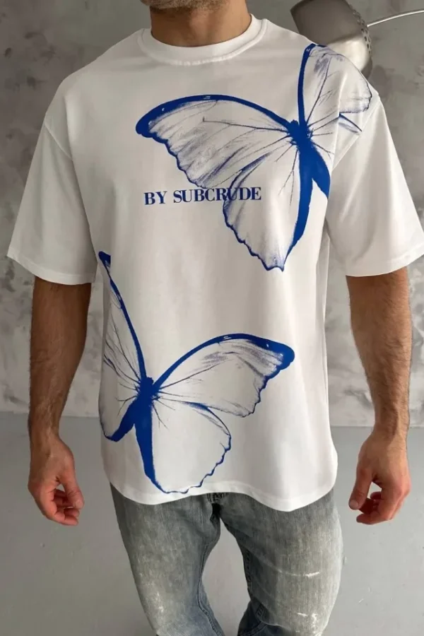 Unisex Bisiklet Yaka Baskılı Oversize T-Shirt - Beyaz