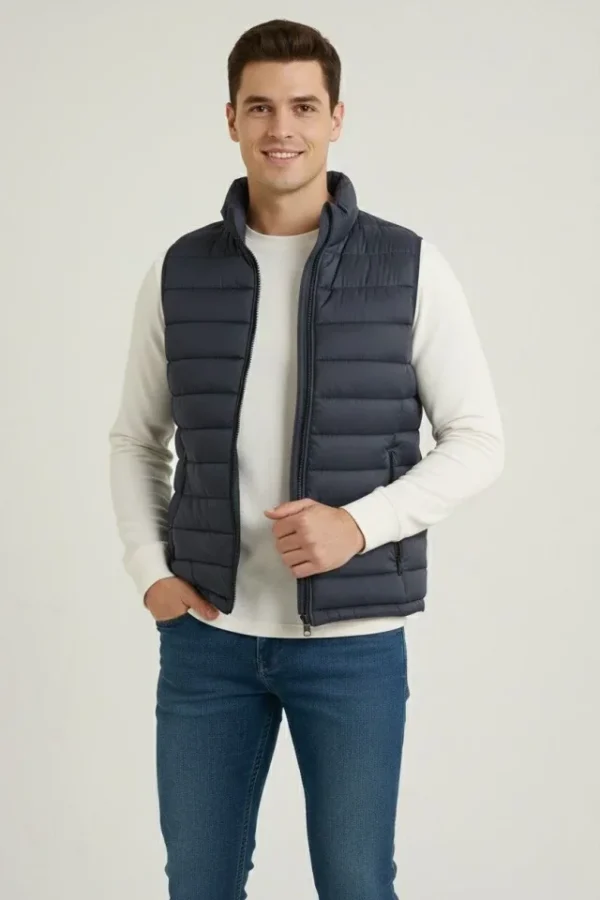 Erkek Şişme Fermuarlı Yelek Su Itici Kapitone Astarlı Kumaş Cepli Hafif Kışlık Spor Rahat Kalıp - Lacivert