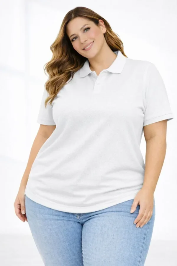 Pike Kumaş Düğmeli Yaka Battal Büyük Beden Günlük Kısa Kol Tişört T-shirt - Beyaz