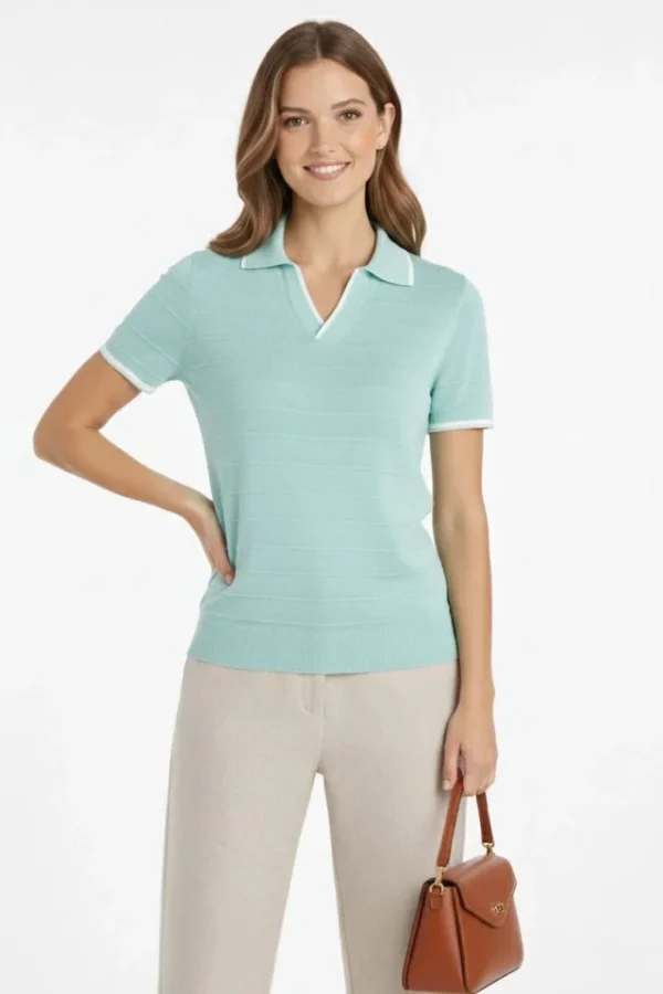 Triko Kumaş Yakalı Düğmesiz Açık Yaka Fitilli Kısa Kollu Regular Fit Tişört T-shirt - Mint Yeşili