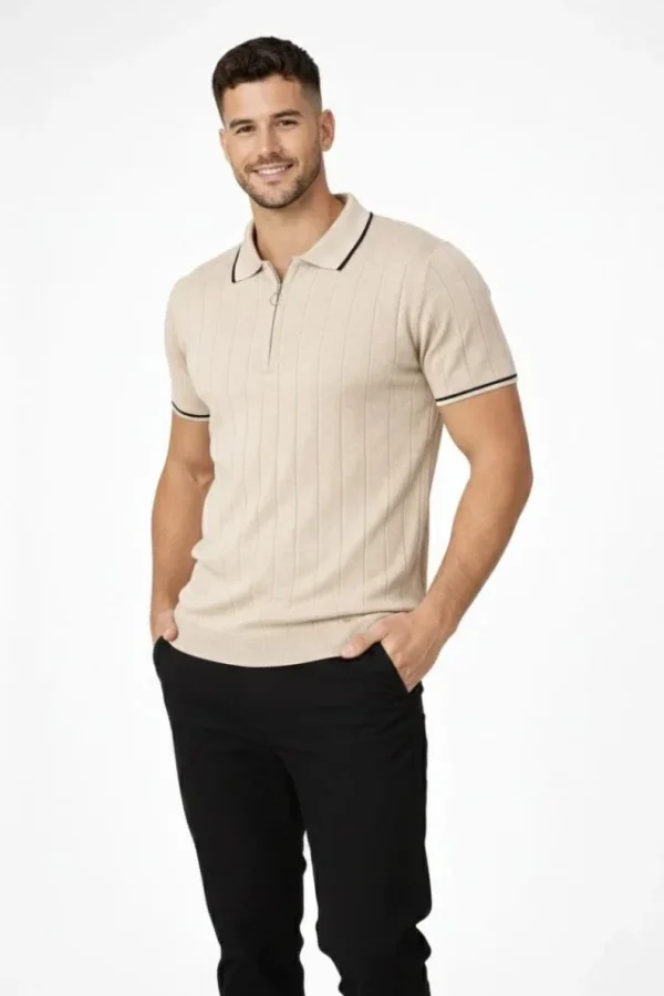 Erkek Fermuarlı Yaka Fitilli Triko Kısa Kollu Regular Fit Tişört T-shirt - Bej