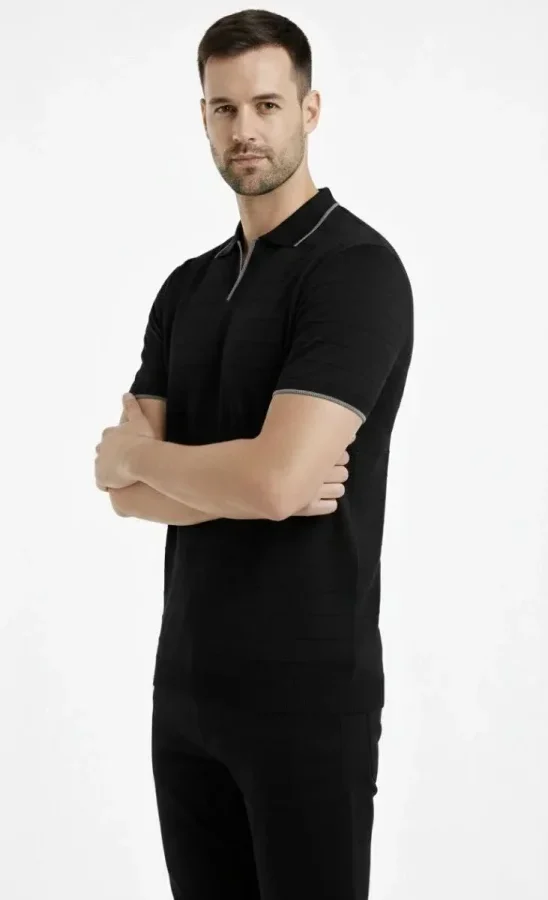 Erkek Triko Kumaş Yakalı Düğmesiz Açık Yaka Fitilli Kısa Kollu Regular Fit Tişört T-shirt - Siyah