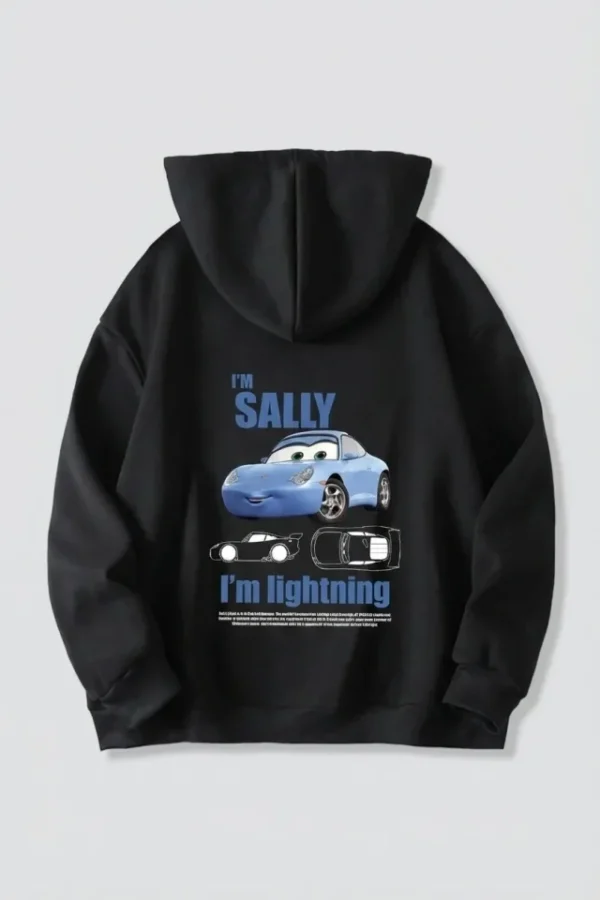 Sevgililer Günü Özel Kapüşonlu Araba Baskılı Oversize Sweatshirt - Siyah