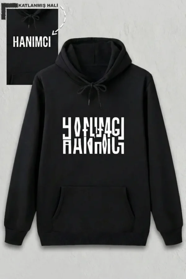 Sevgililer Günü Özel Kapüşonlu Hanımcı Baskılı Oversize Sweatshirt - Siyah