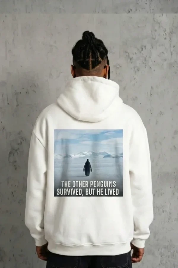 Siyah Oversize Hoodie - Sırt Baskılı Survivor Penguin Temalı, Felsefi Yazılı Kapüşonlu Sweatshirt - Beyaz
