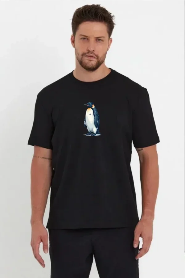 Erkek Oversize Tişört - Sırt Baskılı Survivor Penguin Temalı, Felsefi Yazılı Bisiklet Yaka Tişört - Siyah