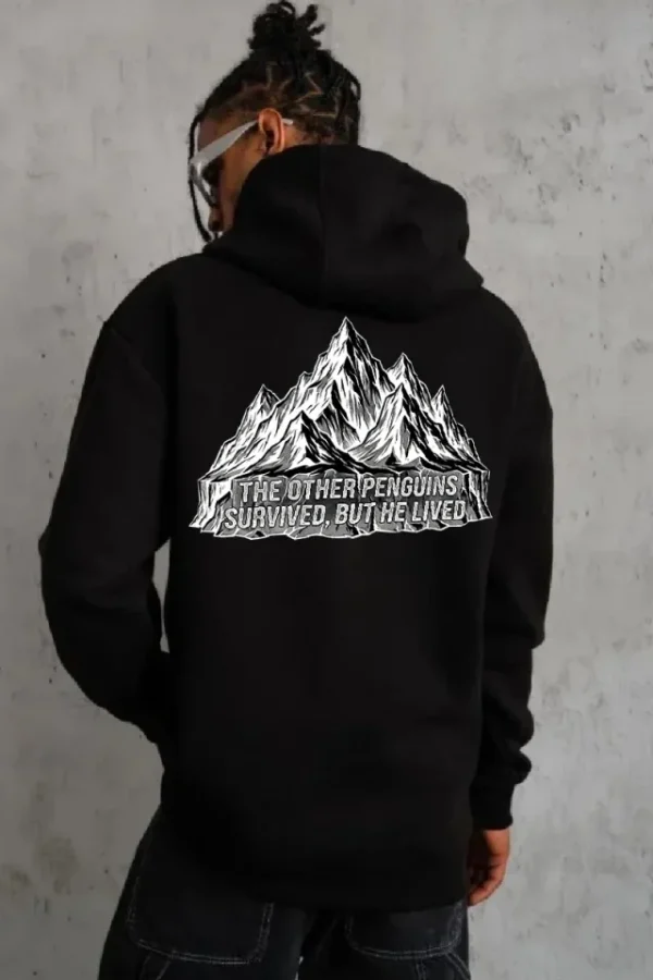 Erkek Nihilist Penguen Temalı Oversize Kapüşonlu Sweatshirt - Siyah