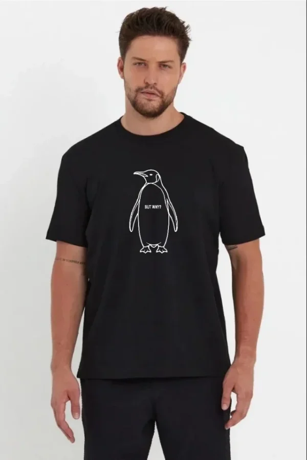 Erkek Nihilist Penguen Özel Tasarım Oversize Bisiklet Yaka Tişört - Siyah