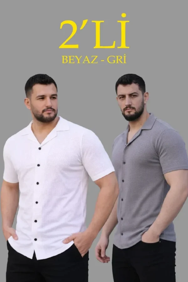 Erkek Waffle Dokuma Açık Yakalı Düğmeli Regular Kalıp 2’li Gömlek Seti - Beyaz - Gri