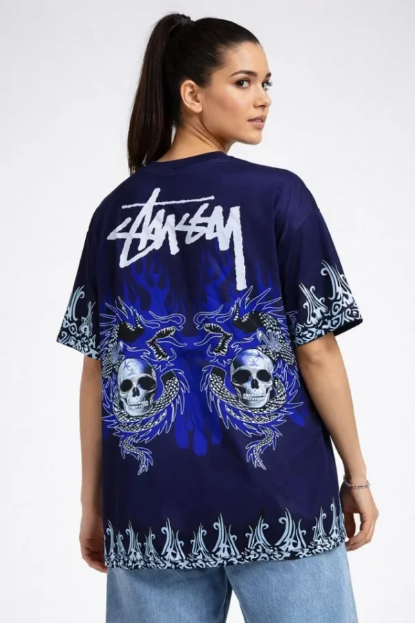 Lacivert Oversize Tişört Dragon - Kuru Kafa Baskılı Bisiklet Yaka T-Shirt - Lacivert