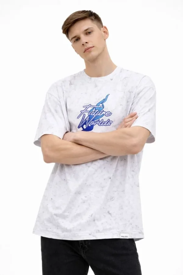 Erkek Asit Yıkamalı Oversize Tişört Future Worlds Baskılı Bisiklet Yaka Kısa Kollu Streetwear %100 Pamuk Street Style T-Shirt - Beyaz