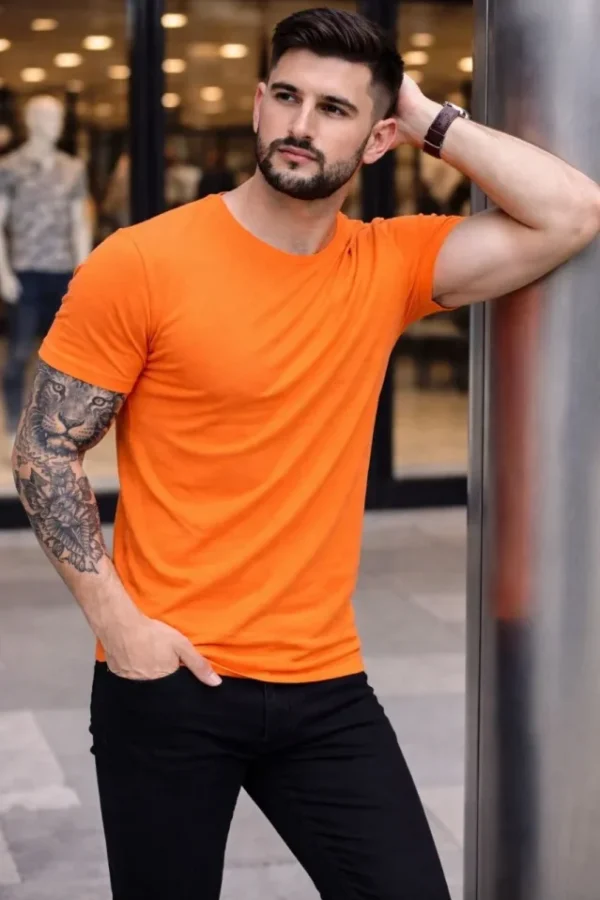 Erkek T-Shirt Bisiklet Yaka Slim Fit Dar Kesim Likralı Tişört Günlük Basic Body - Turuncu