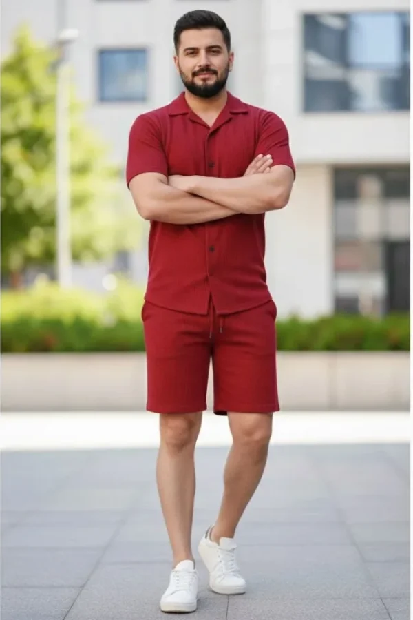 Erkek Waffle Kumaş Kısa Kollu Gömlek Şort Takım Regular Fit Yazlık İkili Set - Bordo