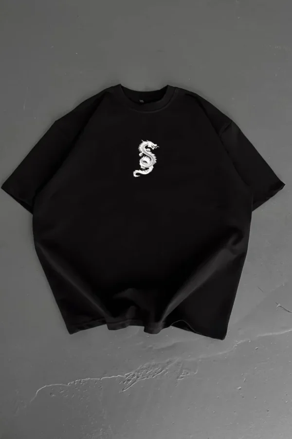 Baskılı Oversize Bisiklet Yaka T-shirt - Siyah