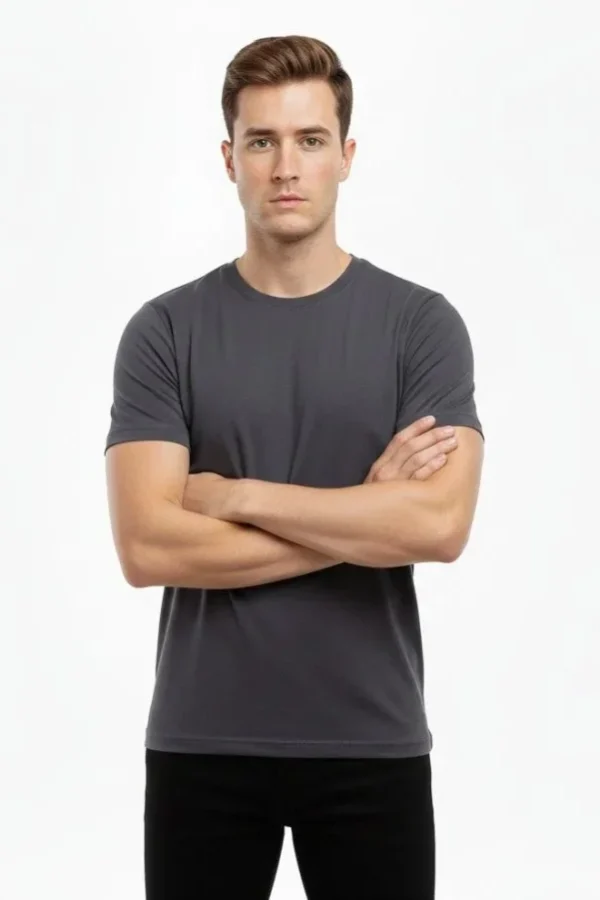 Erkek T-Shirt Bisiklet Yaka Slim Fit Dar Kesim Likralı Tişört Günlük Basic Body - Füme
