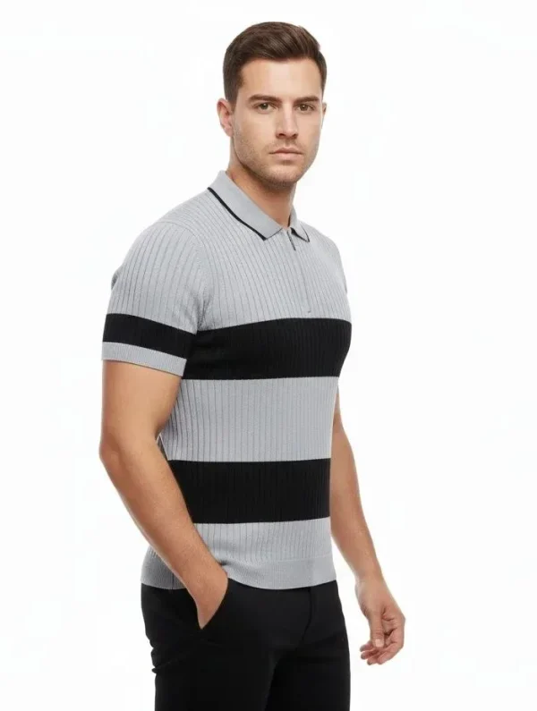 Erkek T-shirt Çizgili Triko Dokuma Kumaş Polo Yaka Yarım Fermuarlı Regular Kalıp Tişört - Gri
