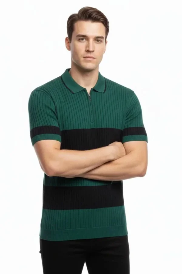 Erkek T-shirt Çizgili Triko Dokuma Kumaş Polo Yaka Yarım Fermuarlı Regular Kalıp Tişört - Çağla Yeşili