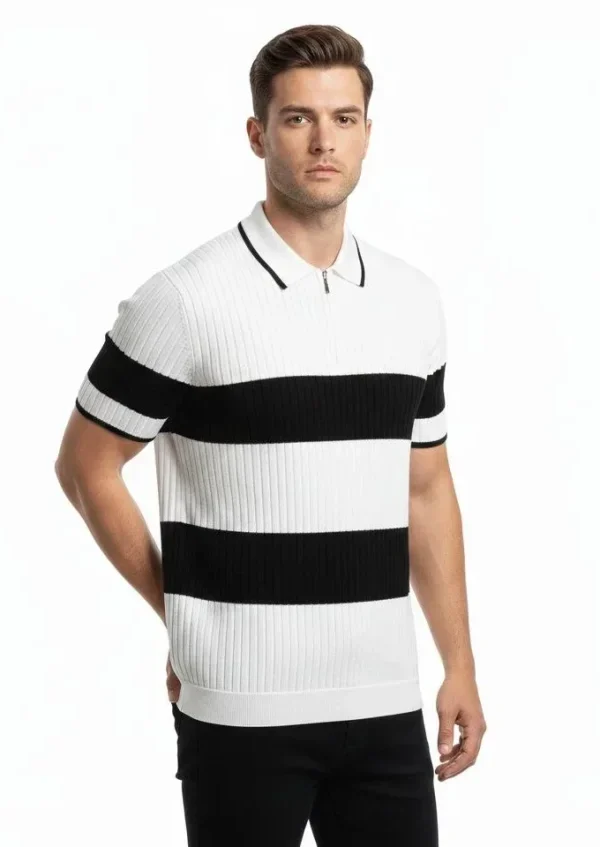 Erkek T-shirt Çizgili Triko Dokuma Kumaş Polo Yaka Yarım Fermuarlı Regular Kalıp Tişört - Beyaz