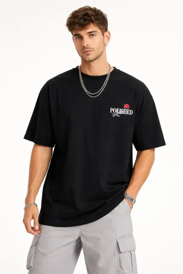 Erkek Bisiklet Yaka Baskılı  Kısa Kollu Tişört Streetwear Günlük Basic Pamuklu T-shirt - Siyah