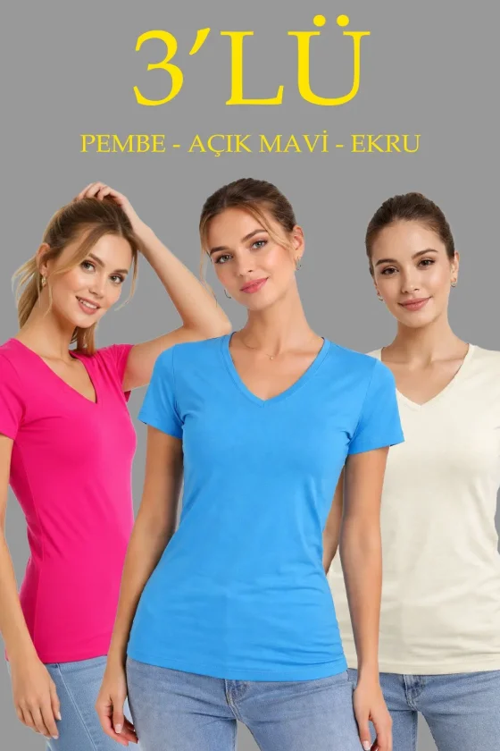 3lü V Yaka Tişört – Kısa Kollu Yazlık Slim Fit Body - Pembe, Açık Mavi, Ekru