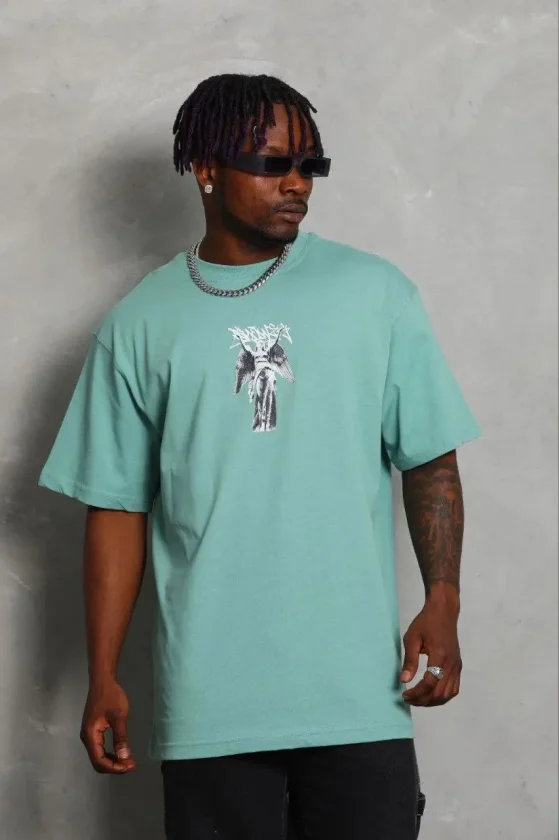 Erkek Baskılı T-Shirt Kısa Kol Bisiklet Yaka Regular Fit Rahat Kalıp Günlük Tişört - Mint Yeşili