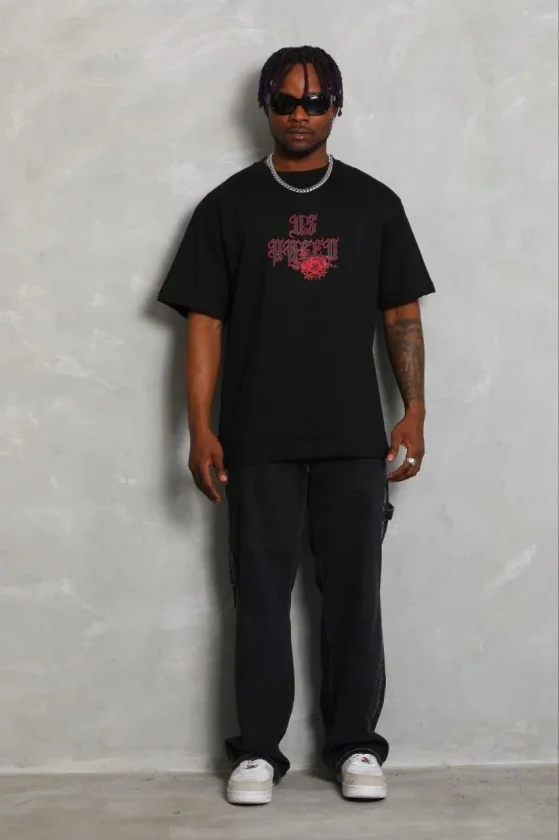Erkek Baskılı T-Shirt Kısa Kol Bisiklet Yaka Regular Fit Rahat Kalıp Günlük Tişört - Siyah