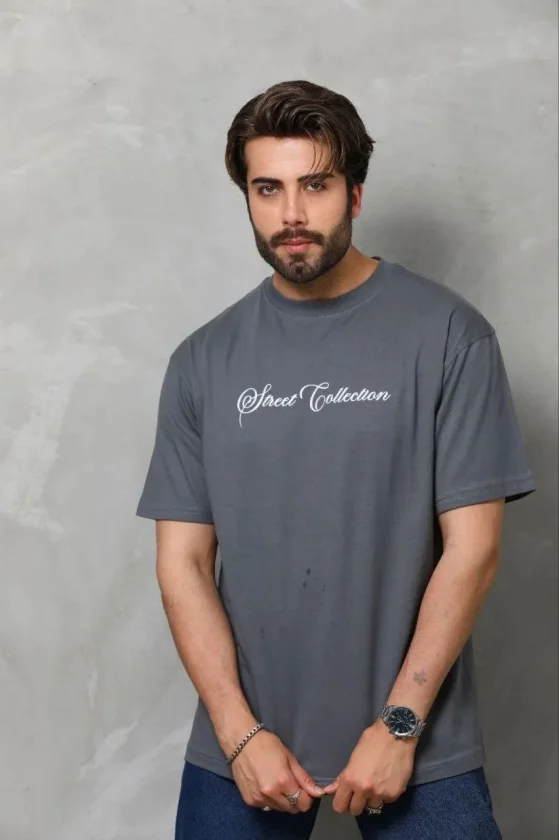 Erkek Baskılı T-Shirt Kısa Kol Bisiklet Yaka Regular Fit Rahat Kalıp Günlük Tişört - Füme