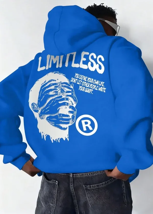 Erkek Premium Baskılı Kapşonlu Sweatshirt Üç İplik İçi Pamuklu Kanguru Cepli - Saks Mavisi