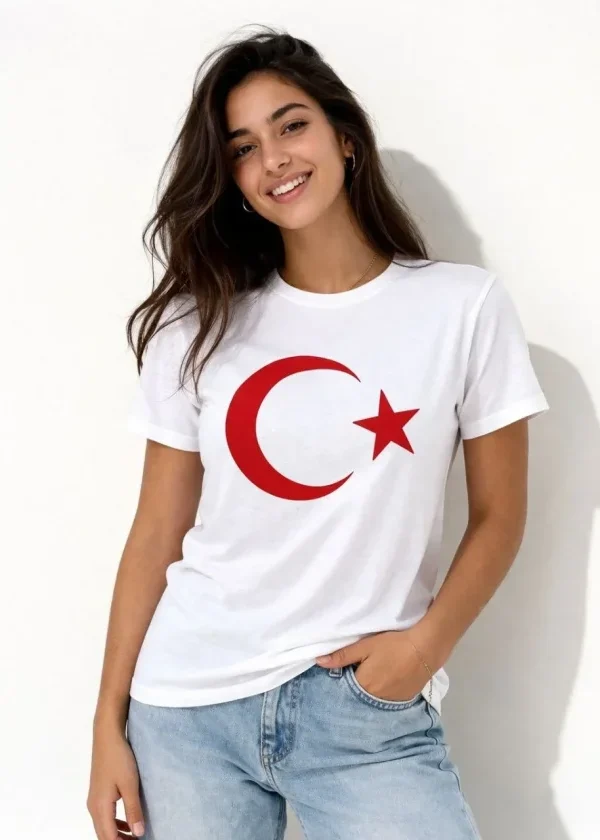 T-Shirt Kısa Kol Bisiklet Yaka Ay Yıldız Bayrak Baskılı Tişört - Beyaz