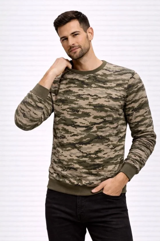 Erkek Kamuflaj Desenli 2 İplik 4 Mevsim Uzun Kollu Bisiklet Yaka Sweatshirt - Kamuflaj