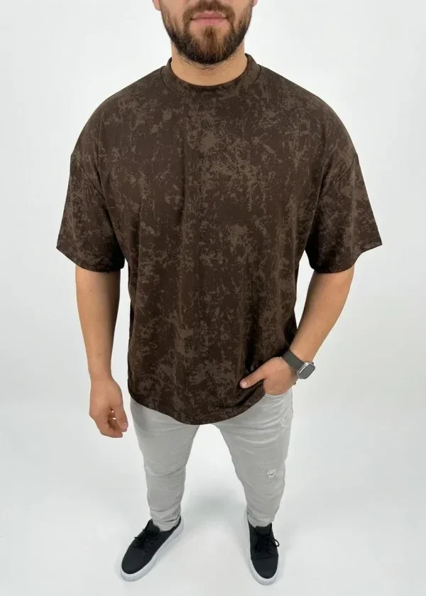 Erkek Premium Tişört OSY Yumuşak Dokulu Yıkamalı Oversize T-Shirt - Kahverengi