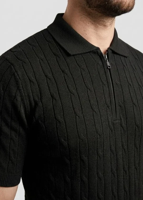 Erkek Yazlık Triko Saç Örgü Tişört Kısa Kol Polo Yaka Fermuarlı T-Shirt - Siyah