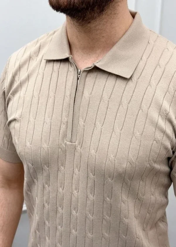 Erkek Yazlık Triko Saç Örgü Tişört Kısa Kol Polo Yaka Fermuarlı T-Shirt - Bej