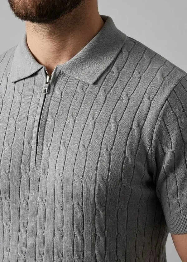 Erkek Yazlık Triko Saç Örgü Tişört Kısa Kol Polo Yaka Fermuarlı T-Shirt - Gri