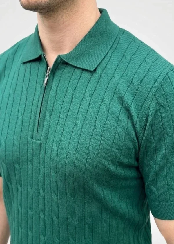 Erkek Yazlık Triko Saç Örgü Tişört Kısa Kol Polo Yaka Fermuarlı T-Shirt - Haki