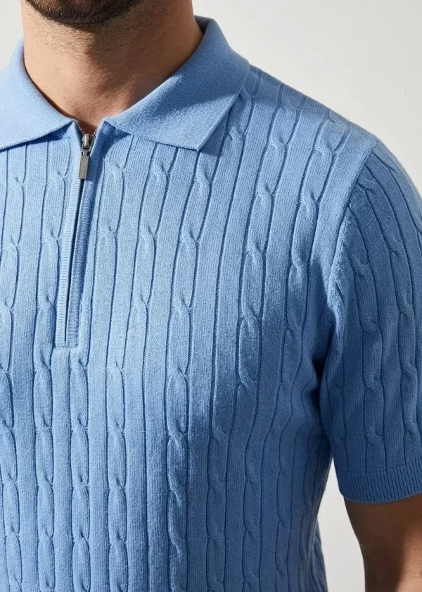 Erkek Yazlık Triko Saç Örgü Tişört Kısa Kol Polo Yaka Fermuarlı T-Shirt - Bebe Mavisi