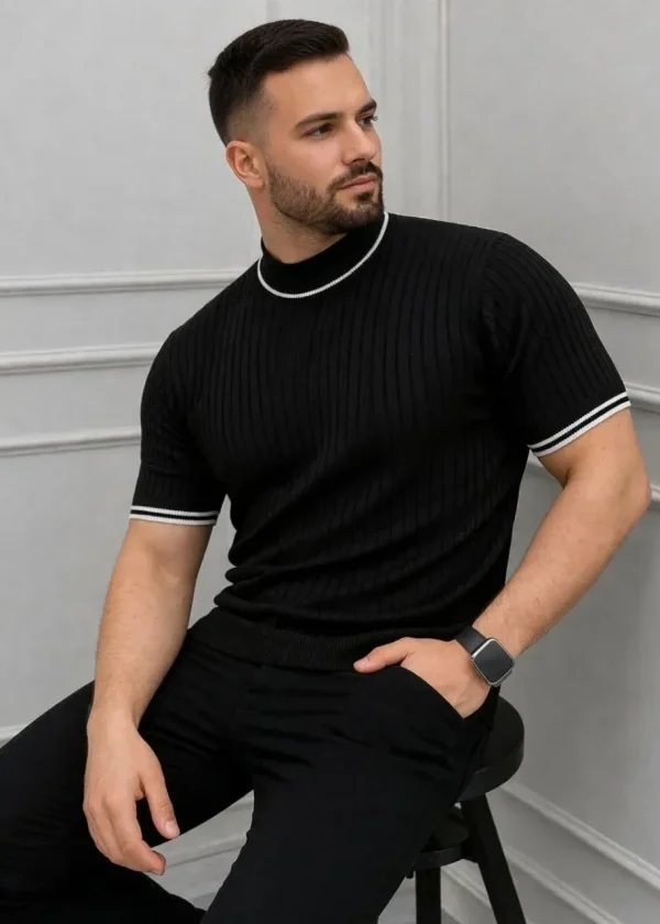 Erkek Fitilli Triko Dokuma Kısa Kol Tişört Yarım Boğaz Modern Yazlık T-Shirt - Siyah