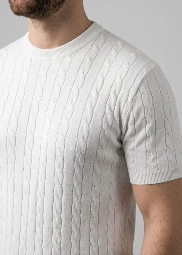 Erkek Yazlık Triko Dokuma Tişört Kısa Kol Bisiklet Yaka Örgü Desenli T-Shirt - Beyaz